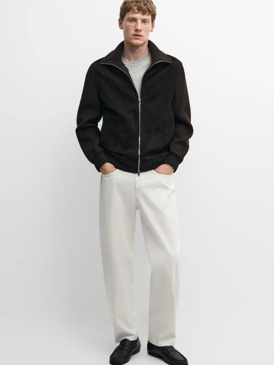 Zdjęcie produktu Kardigan Z Łączonych Materiałów Ze Skóry I Zamszu - Brązowy - Massimo Dutti - Male