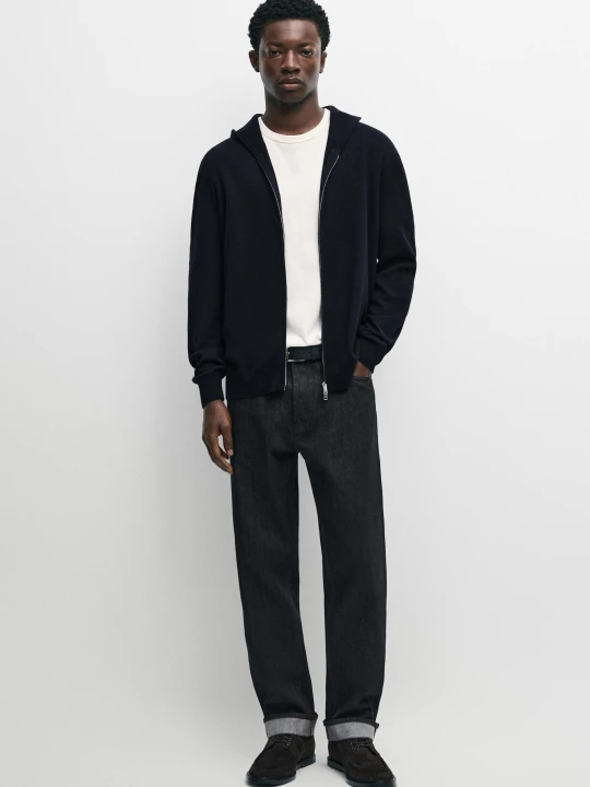 Zdjęcie produktu Kardigan Z Dzianiny Z Wełną I Kapturem - Granatowy - Massimo Dutti - Male