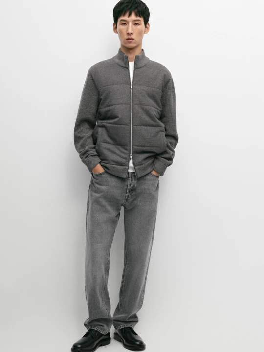 Zdjęcie produktu Kardigan Z Łączonych Materiałów, 100% Wełna - Szary Antracytowy - Massimo Dutti - Male
