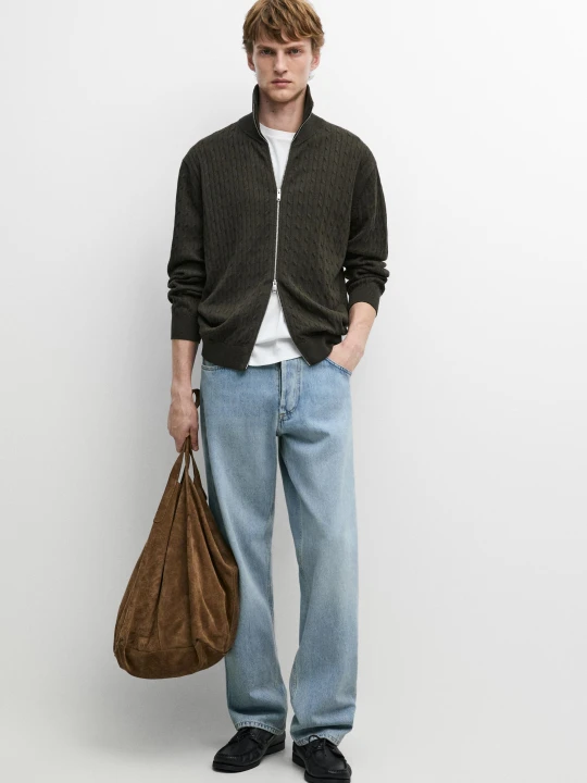 Zdjęcie produktu Kardigan Z Warkoczowym Splotem Ze 100% Bawełny - Zielony - Massimo Dutti - Male