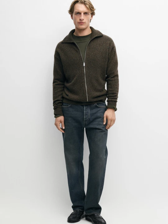 Zdjęcie produktu Dzianinowy Kardigan Z Suwakiem Ze 100% Wełny - Zieleń Sosnowa - Massimo Dutti - Male