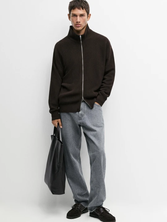 Zdjęcie produktu Kardigan Ze 100% Bawełny O Fakturze Ściągacza - Popielaty Brąz - Massimo Dutti - Male