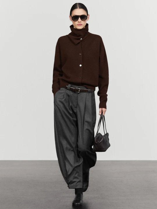 Zdjęcie produktu Kardigan Ze Ściegu Perełkowego Z Kołnierzem Kominowym - Czekoladowy - Massimo Dutti - Female