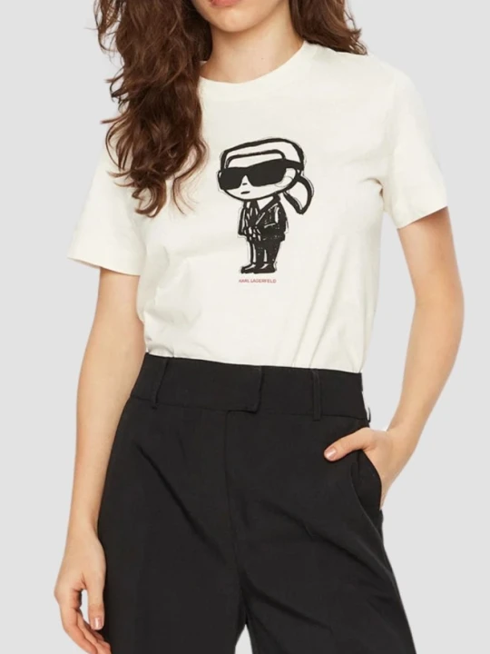 Zdjęcie produktu KARL LAGERFELD Beżowy damski t-shirt Ikon Sketch Karl, Rozmiar XS