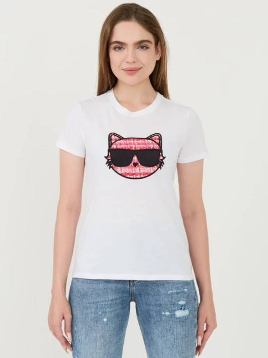 Zdjęcie produktu KARL LAGERFELD Biały damski t-shirt Boucle Choupette, Rozmiar XS