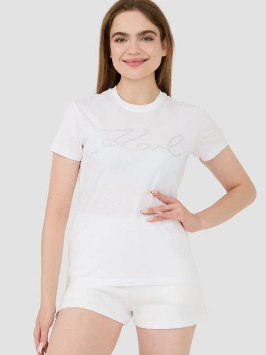 Zdjęcie produktu KARL LAGERFELD Biały damski t-shirt Rhinestone Logo, Rozmiar M