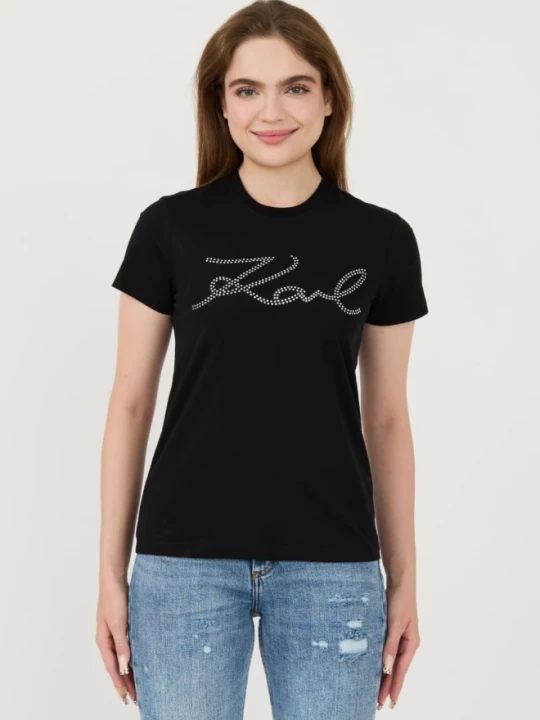 Zdjęcie produktu KARL LAGERFELD Czarny damski t-shirt Rhinestone Logo, Rozmiar XS