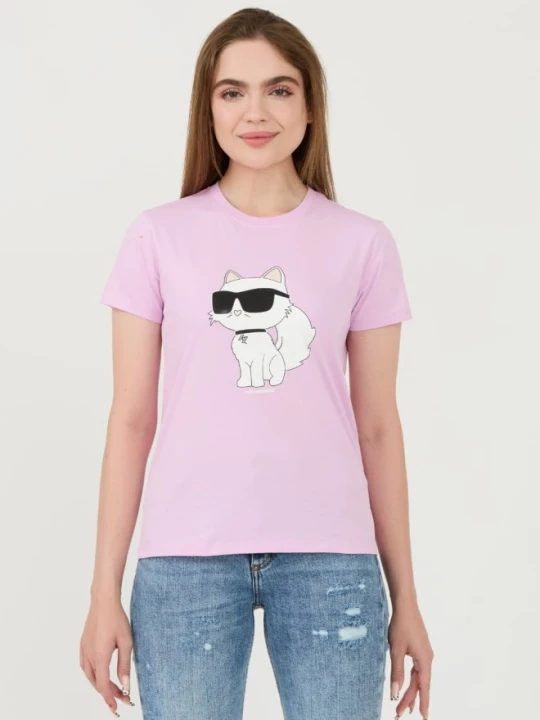Zdjęcie produktu KARL LAGERFELD Lawendowy damski t-shirt Ikonik 2.0 Choupette, Rozmiar XS Fioletowy