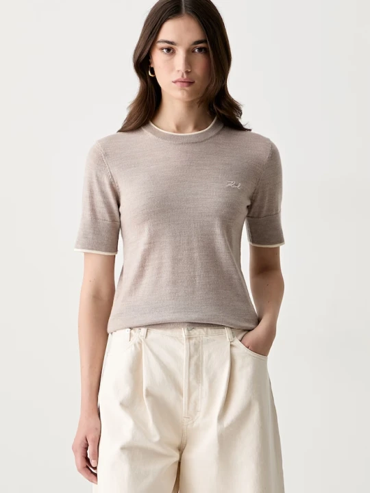 Zdjęcie produktu Karl Lagerfeld T-shirt basic damski wełniany beżowy