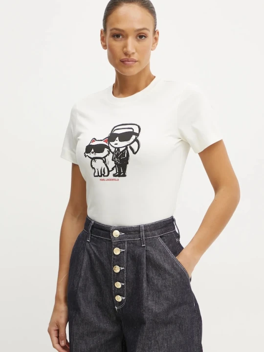 Zdjęcie produktu Karl Lagerfeld T-shirt damski bawełniany IKON SKETCH beżowy