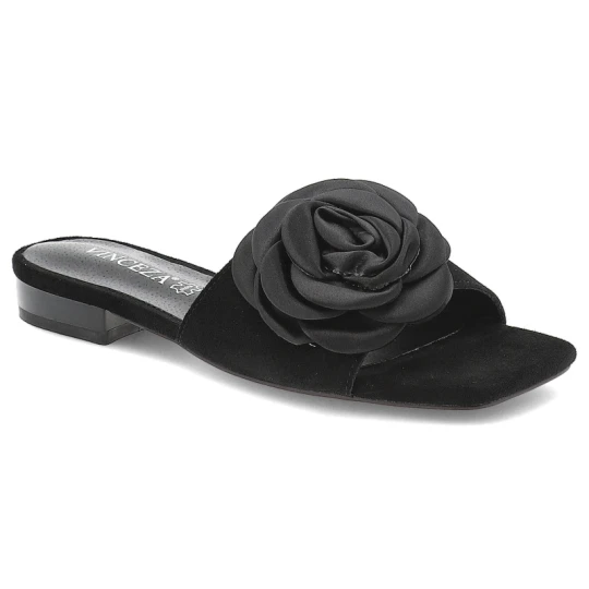 Zdjęcie produktu Klapki damskie Vinceza, cholewka ze skóry naturalnej zamszowej wsuwany fason elegancka broszka, czarne, 66947