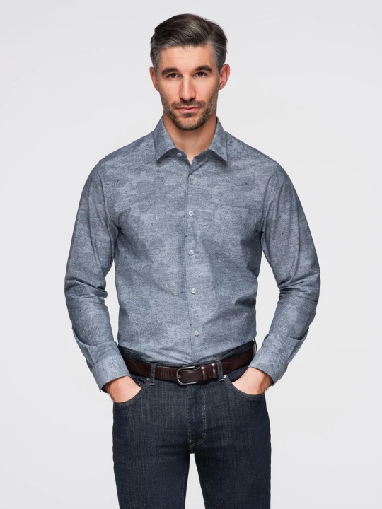 Zdjęcie produktu Klasyczna flanelowa męska koszula bawełniana w kwiaty - szara V3 - Rozmiar: L Ombre Clothing