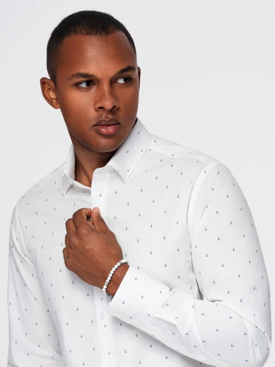 Zdjęcie produktu Klasyczna męska bawełniana koszula SLIM FIT w kotwice - biała V3 - Rozmiar: M Ombre Clothing
