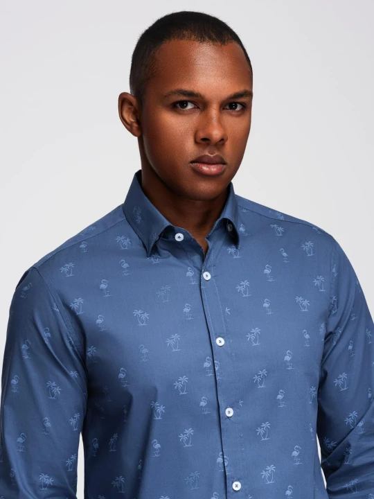 Zdjęcie produktu Klasyczna męska bawełniana koszula SLIM FIT w palmy - ciemnoniebieska V5 Ombre Clothing granatowy