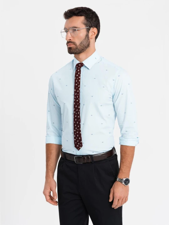 Zdjęcie produktu Klasyczna męska bawełniana koszula SLIM FIT w rybki - błękitna V4 - Rozmiar: XXL Ombre Clothing błękitny