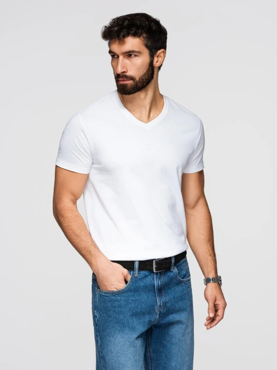 Zdjęcie produktu Klasyczna męska bawełniana koszulka z dekoltem w serek BASIC – biała V4 - Rozmiar: XL Ombre Clothing