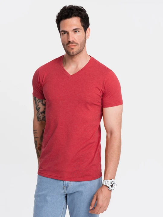 Zdjęcie produktu Klasyczna męska bawełniana koszulka z dekoltem w serek BASIC – czerwony melanż V17 Ombre Clothing