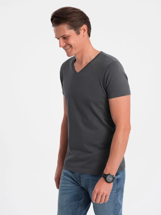 Zdjęcie produktu Klasyczna męska bawełniana koszulka z dekoltem w serek BASIC - grafitowa V3 Ombre Clothing grafitowy