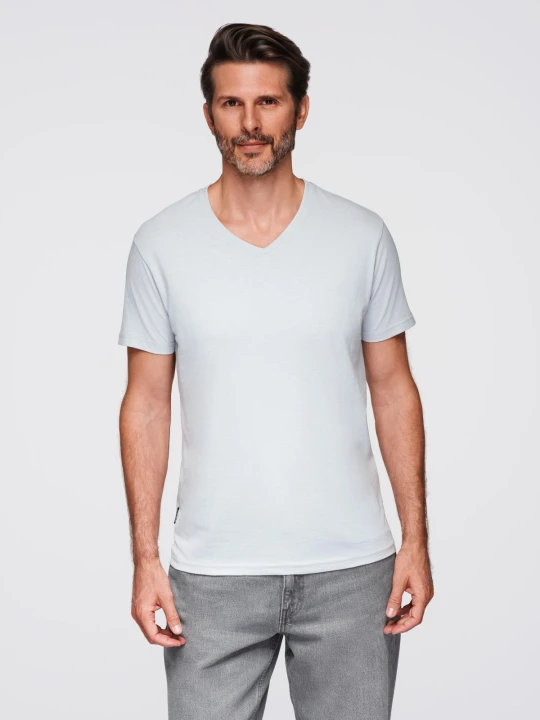 Zdjęcie produktu Klasyczna męska bawełniana koszulka z dekoltem w serek BASIC – jasnoszara V23 - Rozmiar: M Ombre Clothing jasny szary