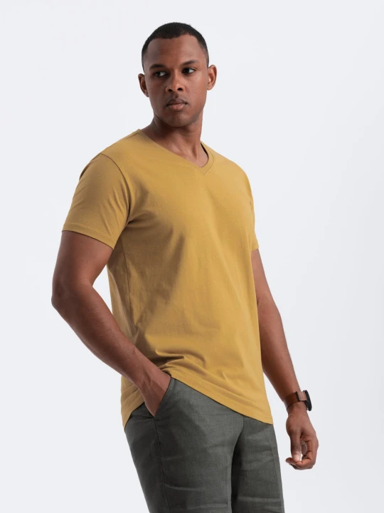 Zdjęcie produktu Klasyczna męska bawełniana koszulka z dekoltem w serek BASIC – musztardowa V8 Ombre Clothing musztardowy
