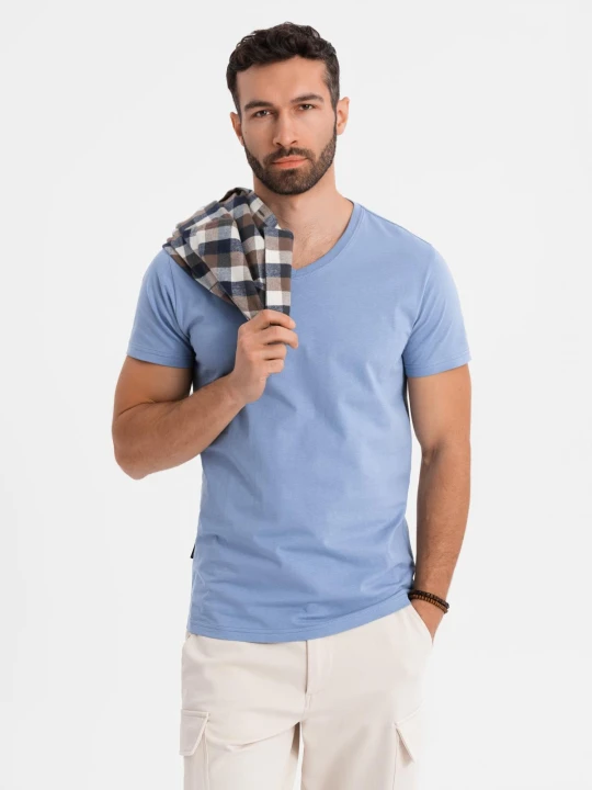 Zdjęcie produktu Klasyczna męska bawełniana koszulka z dekoltem w serek BASIC – niebieska V20 - Rozmiar: XXL Ombre Clothing