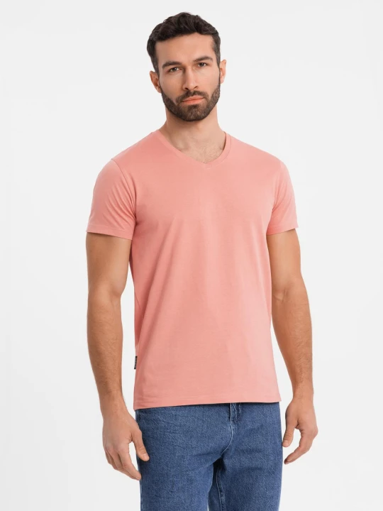 Zdjęcie produktu Klasyczna męska bawełniana koszulka z dekoltem w serek BASIC – różowa V7 - Rozmiar: M Ombre Clothing