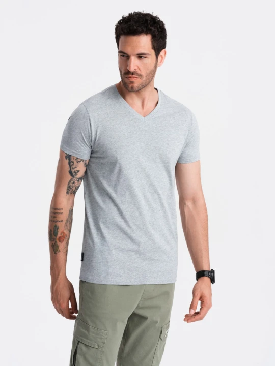 Zdjęcie produktu Klasyczna męska bawełniana koszulka z dekoltem w serek BASIC – szary melanż V16 - Rozmiar: S Ombre Clothing