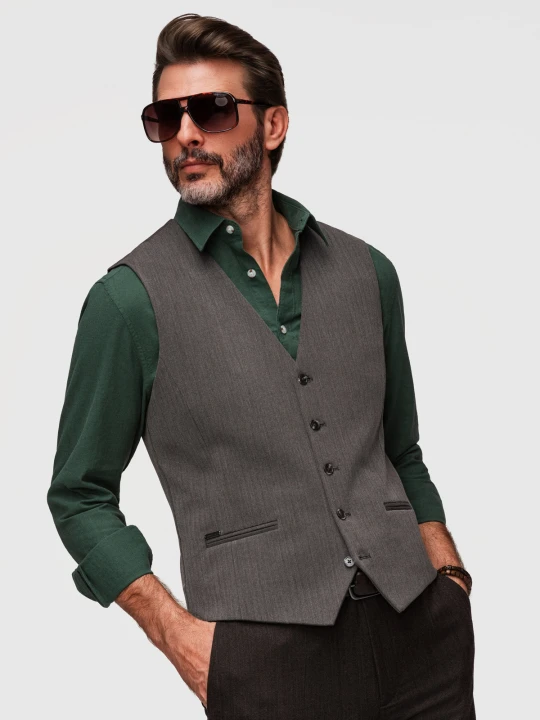 Zdjęcie produktu Klasyczna męska elegancka kamizelka w jodełkę SLIM FIT - grafitowa V2 Ombre Clothing grafitowy