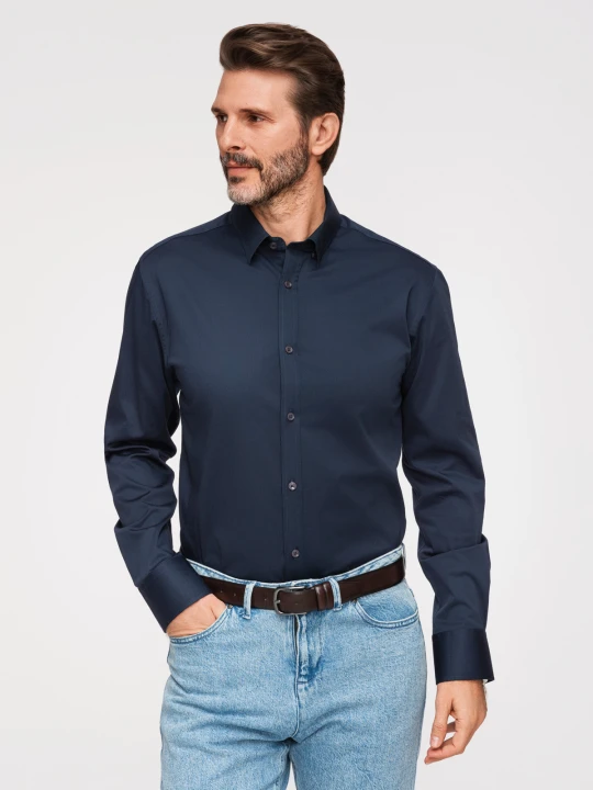 Zdjęcie produktu Klasyczna męska koszula SLIM FIT z satynowej tkaniny – granatowa V3 - Rozmiar: M Ombre Clothing