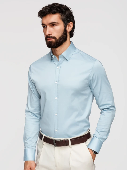 Zdjęcie produktu Klasyczna męska koszula SLIM FIT z satynowej tkaniny – niebieska V2 - Rozmiar: M Ombre Clothing