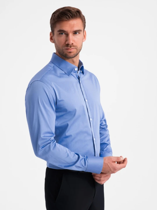 Zdjęcie produktu Klasyczna męska koszula SLIM FIT z satynowej tkaniny – niebieska V2 - Rozmiar: S Ombre Clothing