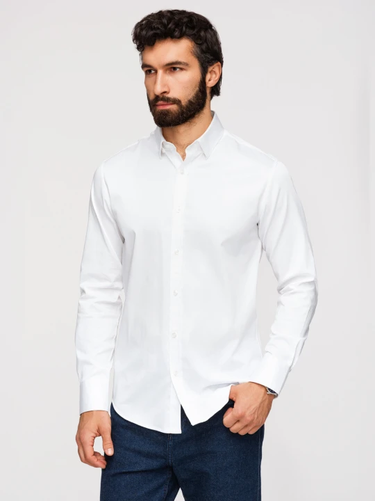 Zdjęcie produktu Klasyczna męska koszula SLIM FIT z tkaniny satynowej – biała V1 - Rozmiar: S Ombre Clothing