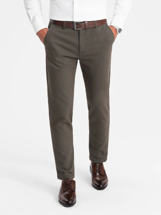 Zdjęcie produktu Klasyczne spodnie męskie chino z delikatną teksturą - khaki V2 - Rozmiar: S Ombre Clothing
