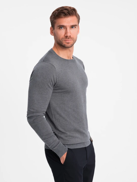 Zdjęcie produktu Klasyczny sweter męski z wiskozą BASIC z okrągłym dekoltem – szary melanż V1 Ombre Clothing