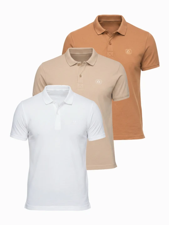 Zdjęcie produktu Komplet bawełnianych t-shirtów męskich polo BASIC – biały / cielisty / jasnobrązowy V6 - Rozmiar: L Ombre Clothing