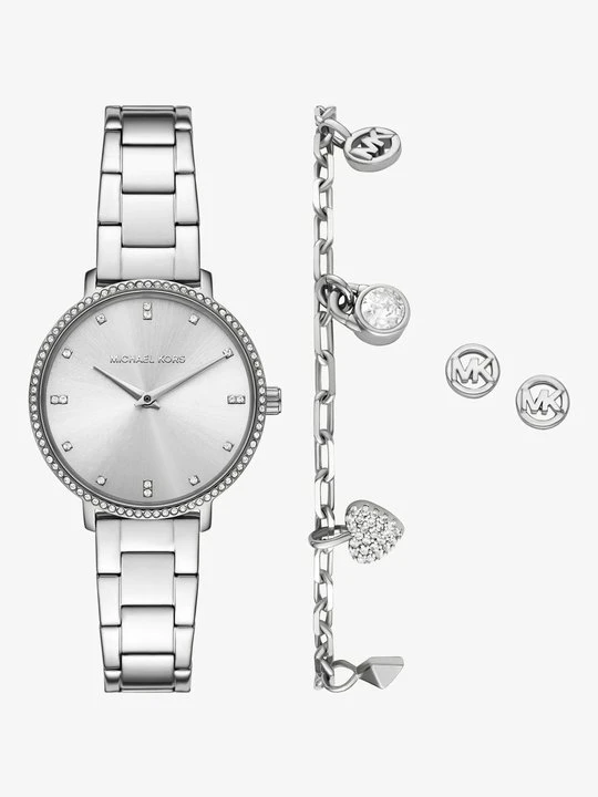 Zdjęcie produktu Komplet biżuterii i miniaturowego zegarka Pyper z kryształkami pavé w srebrnym kolorze Michael Kors