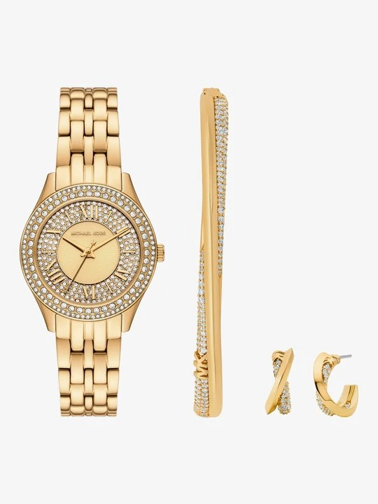 Zdjęcie produktu Komplet biżuterii z małym zegarkiem Harlowe w stylu pavé w złotym kolorze Michael Kors