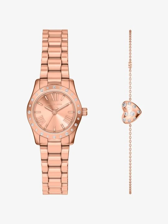 Zdjęcie produktu Komplet biżuterii z miniaturowym zegarkiem Lexington i bransoletką w kształcie serca w kolorze różowego złota z kryształkami pavé Michael Kors