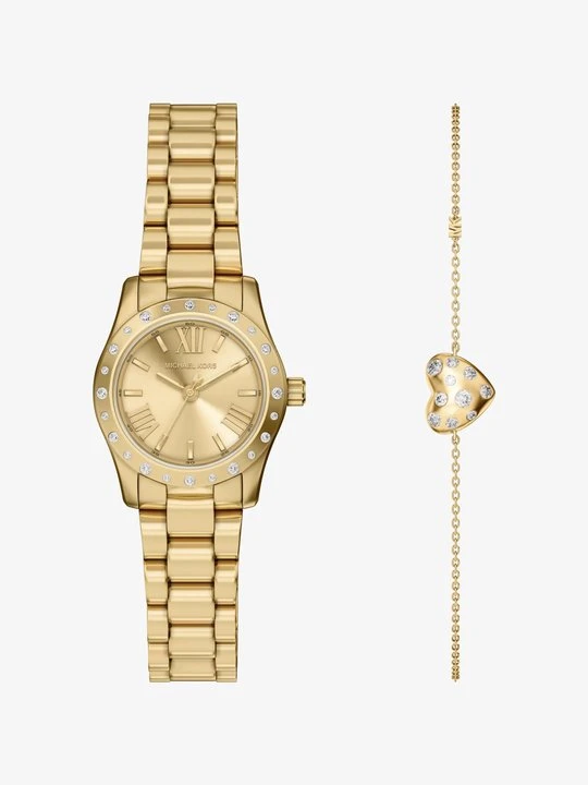 Zdjęcie produktu Komplet biżuterii z miniaturowym zegarkiem Lexington i bransoletką w kształcie serca w złotym kolorze z kryształkami pavé Michael Kors