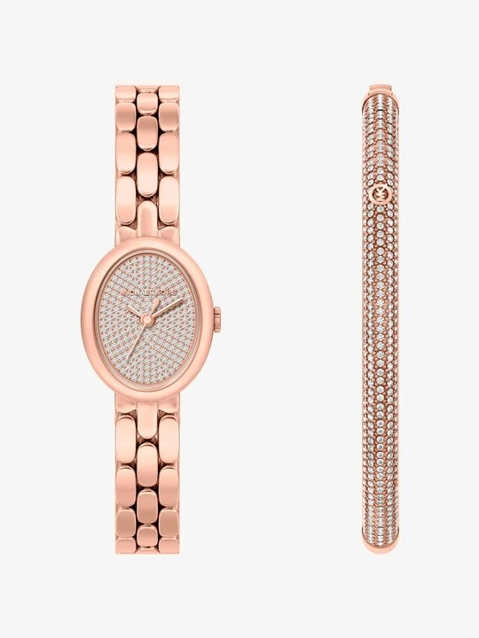 Zdjęcie produktu Komplet biżuterii z miniaturowym zegarkiem Maude w kolorze różowego złota i bransoletką z kryształkami pavé Michael Kors