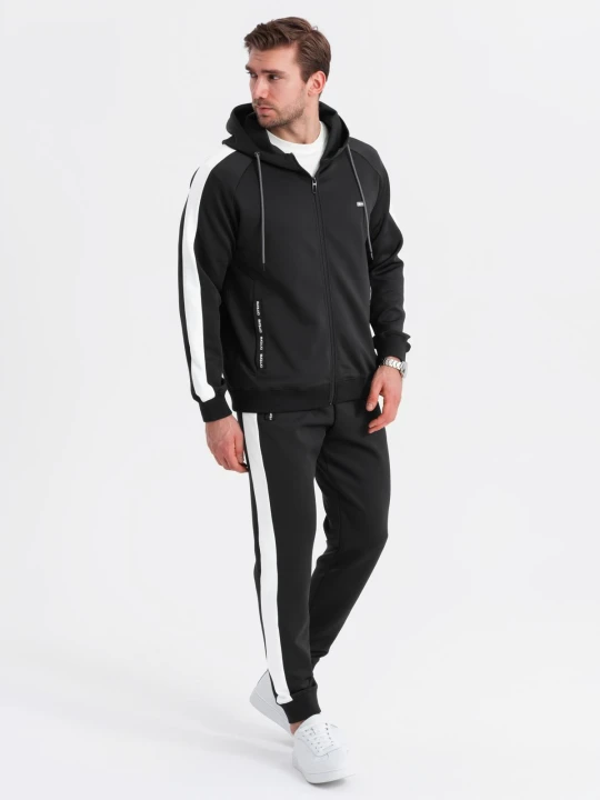 Zdjęcie produktu Komplet dresowy męski oldschool bluza rozpinana z kapturem + spodnie joggery - czarny V1 - Rozmiar: M Ombre Clothing
