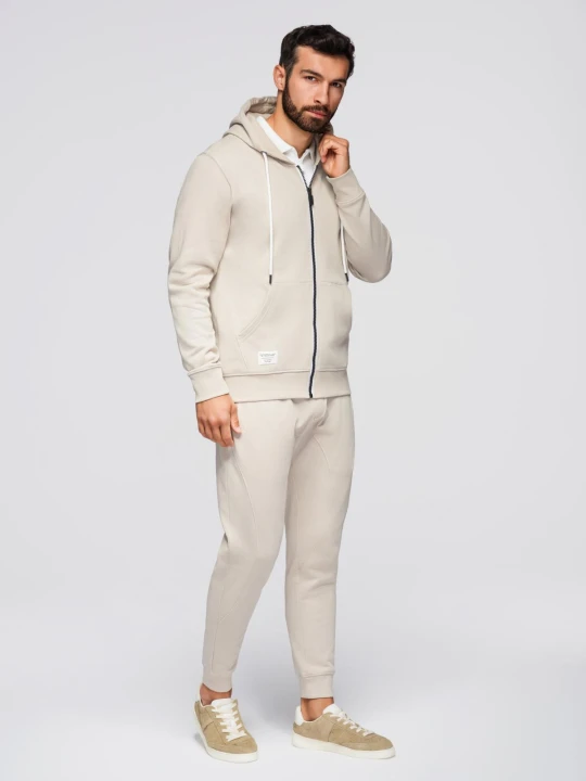 Zdjęcie produktu Komplet dresowy męski set bluza rozpinana z kapturem + spodnie joggery - beżowy V1 - Rozmiar: L Ombre Clothing