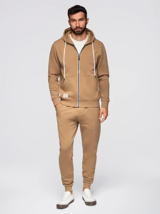 Zdjęcie produktu Komplet dresowy męski set bluza rozpinana z kapturem + spodnie joggery - camel V2 - Rozmiar: XXL Ombre Clothing