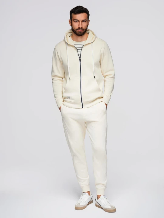 Zdjęcie produktu Komplet dresowy męski set bluza rozpinana z kapturem + spodnie joggery - kremowy V11 - Rozmiar: M Ombre Clothing