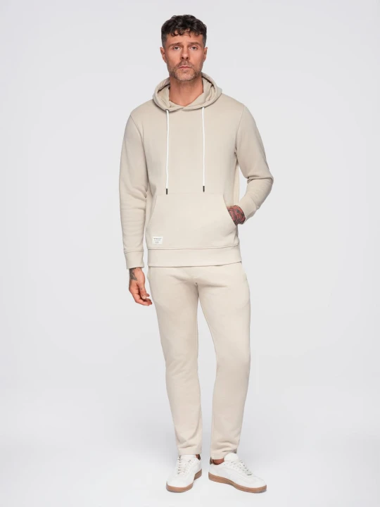 Zdjęcie produktu Komplet dresowy męski set bluza z kapturem + spodnie regular fit - beżowy V1 - Rozmiar: L Ombre Clothing