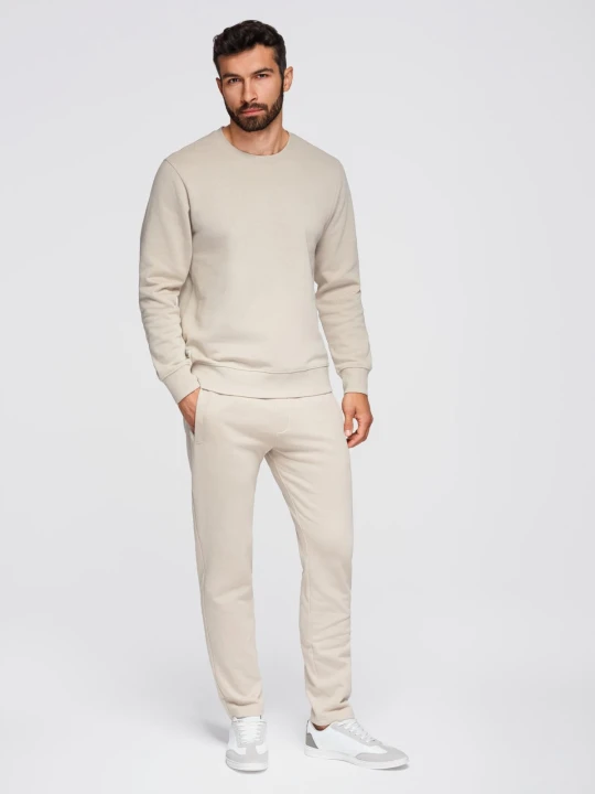 Zdjęcie produktu Komplet dresowy męski set bluza z okrągłym dekoltem + spodnie regular fit - beżowy V1 - Rozmiar: M Ombre Clothing