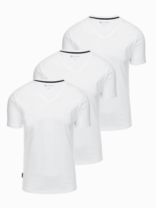 Zdjęcie produktu Komplet koszulek z dekoltem V i elastanem oraz subtelnym logotypem 3-pak – 3x biały V2 Ombre Clothing