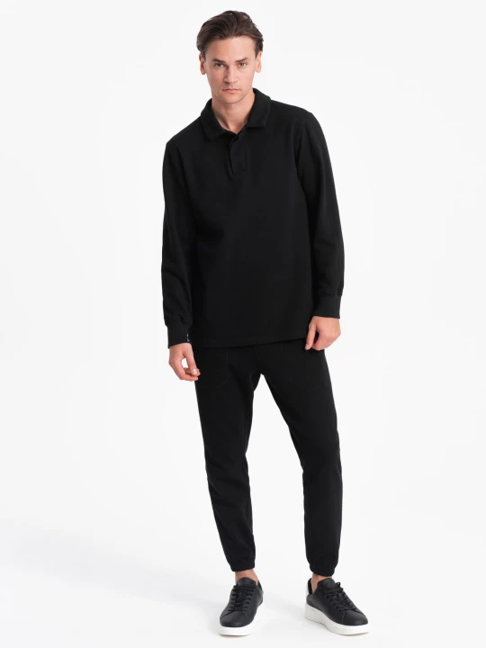 Zdjęcie produktu Komplet męski dresowy bluza z kołnierzem polo + spodnie - czarny V8 - Rozmiar: XXL Ombre Clothing