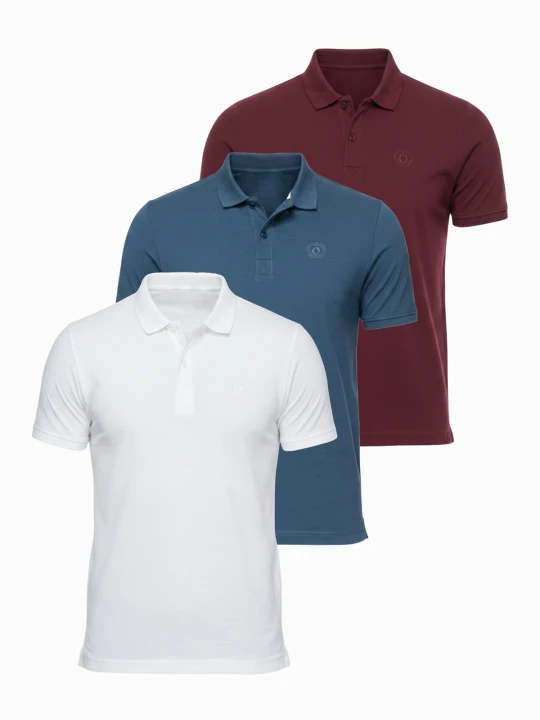 Zdjęcie produktu Komplet męskich bawełnianych t-shirtów polo BASIC – biały / bordowy / ciemnoniebieski V4 Ombre Clothing
