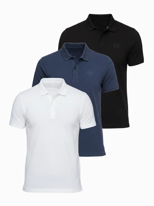 Zdjęcie produktu Komplet męskich bawełnianych t-shirtów polo BASIC – czarny / granatowy / biały V1 - Rozmiar: XL Ombre Clothing